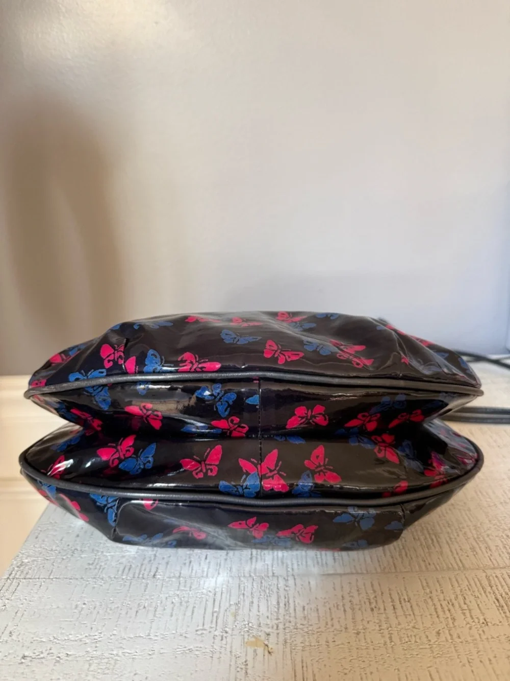 Bottega Veneta Black Patent Shoulder Bag with Pink & Blue Butterfly Motif - Picture 3 of 5